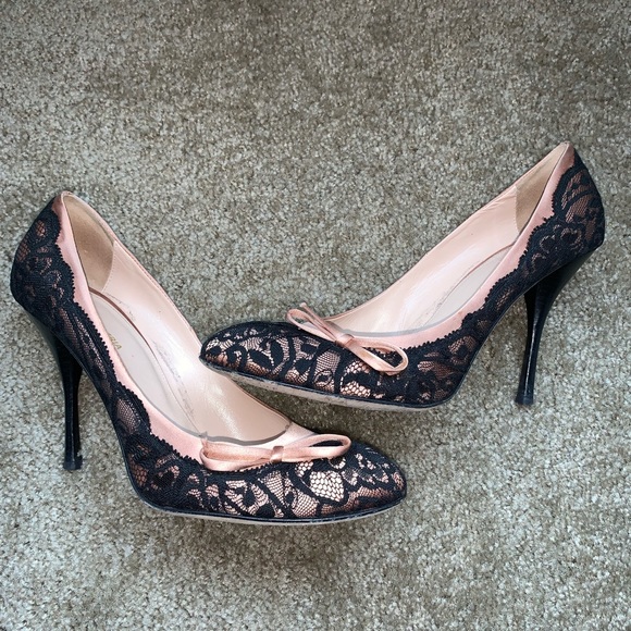 BCBGMaxAzria Shoes - BCBG MaxAzria Black Lace Pink Satin Heels Size 10
